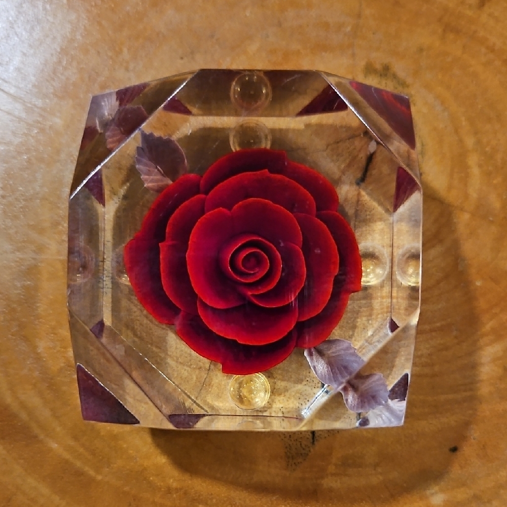 Red Rose Resin Paperweight Art Block Vintage Square